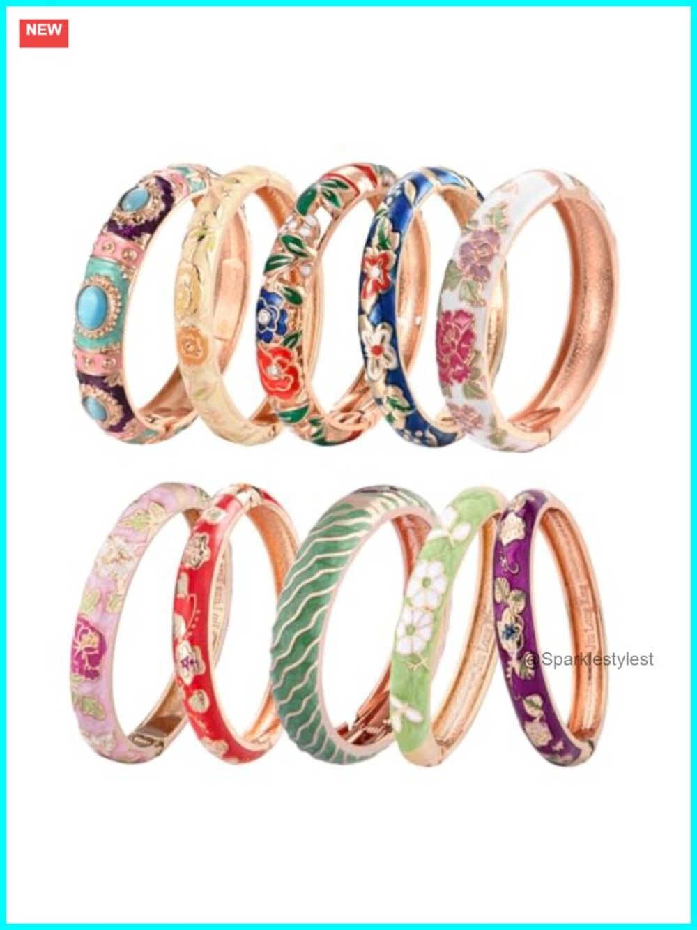 Enamel Flower Engraved Cloisonne Bangle Bracelet Set 10 PCS Gift Box Alloy Gold